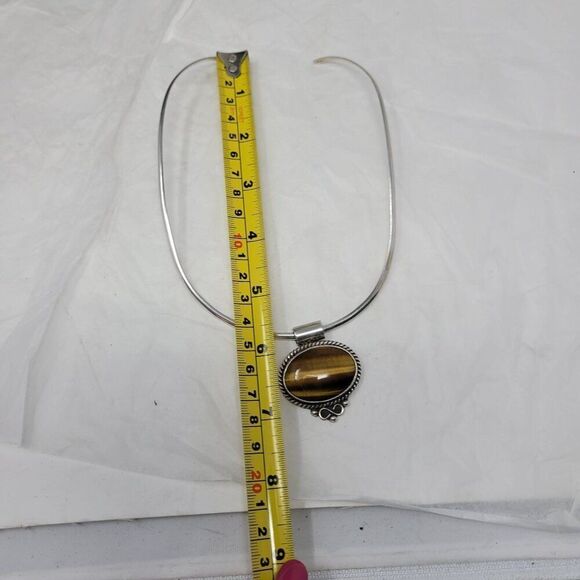 Signed 925 Artisan Tigers Eye Oval Pendant Silver Torque Choker Necklace Ornate‎ - Picture 10 of 15